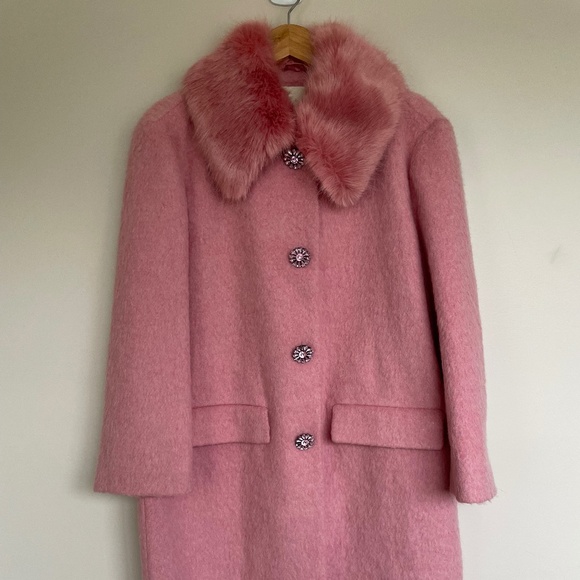 NWOT Kate Spade Tulip Pink Faux Fur Collar Jeweled Buttons Wool Blend - Picture 2 of 6